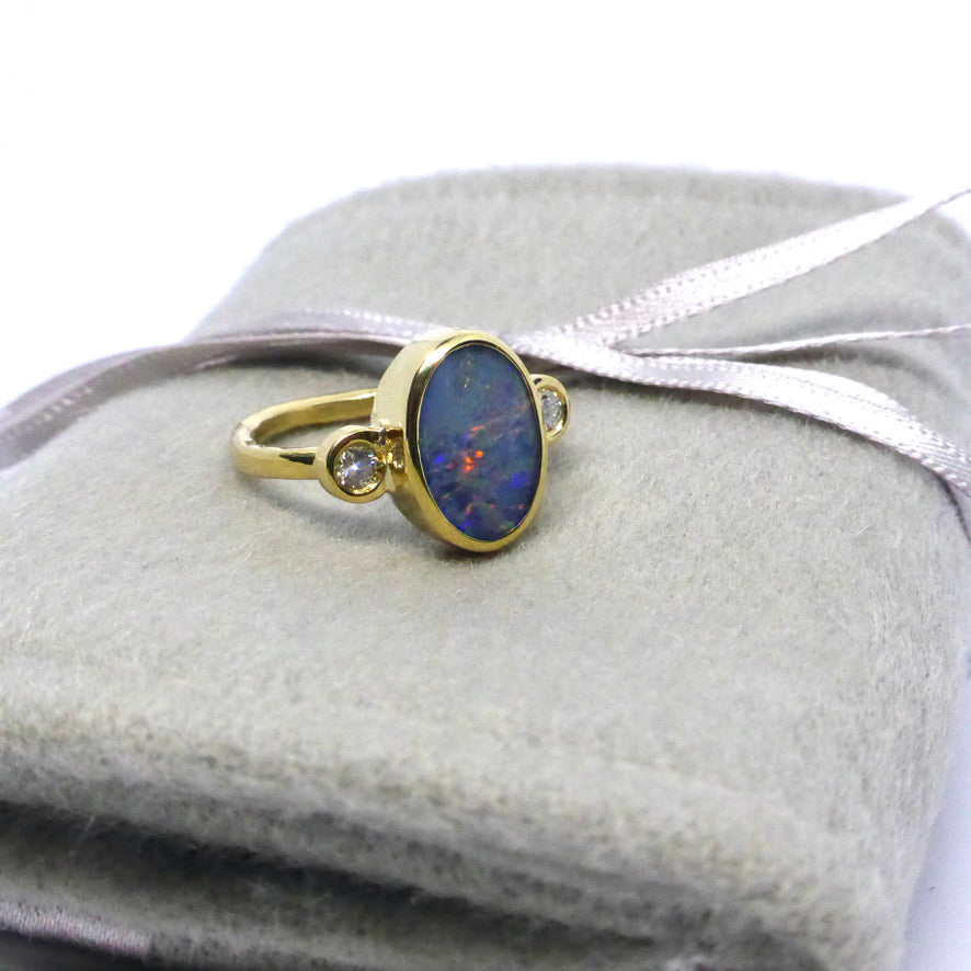 Lightening ridge opal and diamond ring