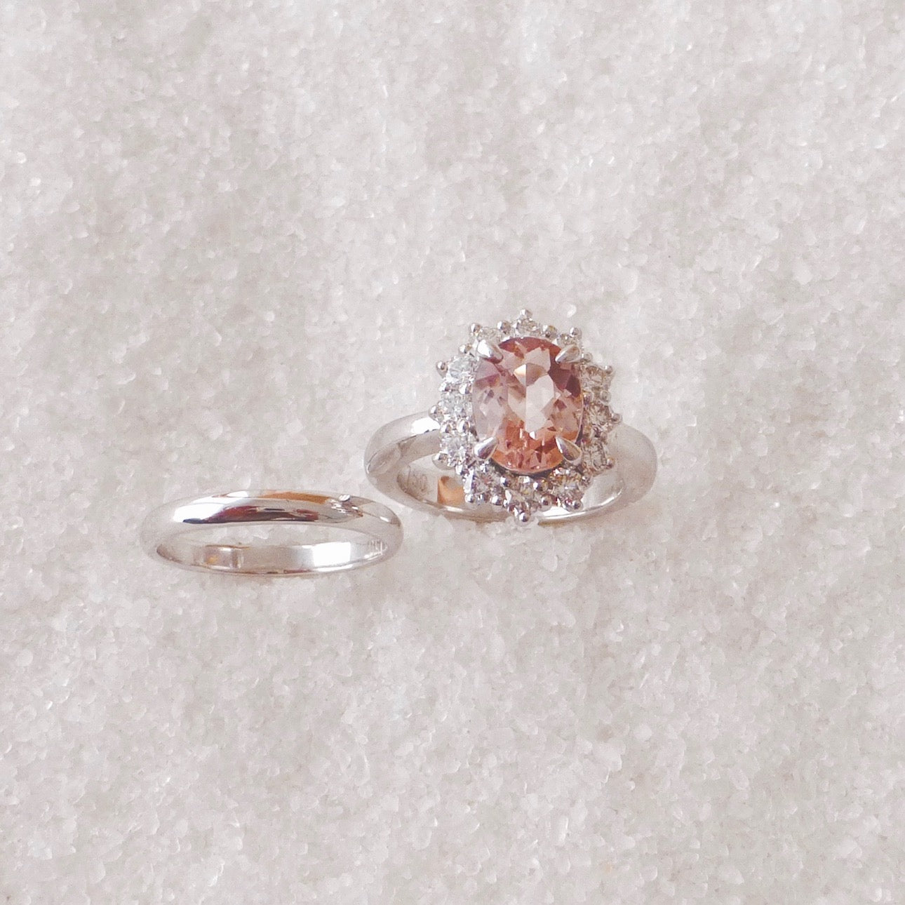 18k White Gold Oval Pink Peach Morganite Diamond Halo Split Shank Enga –  ASweetPear
