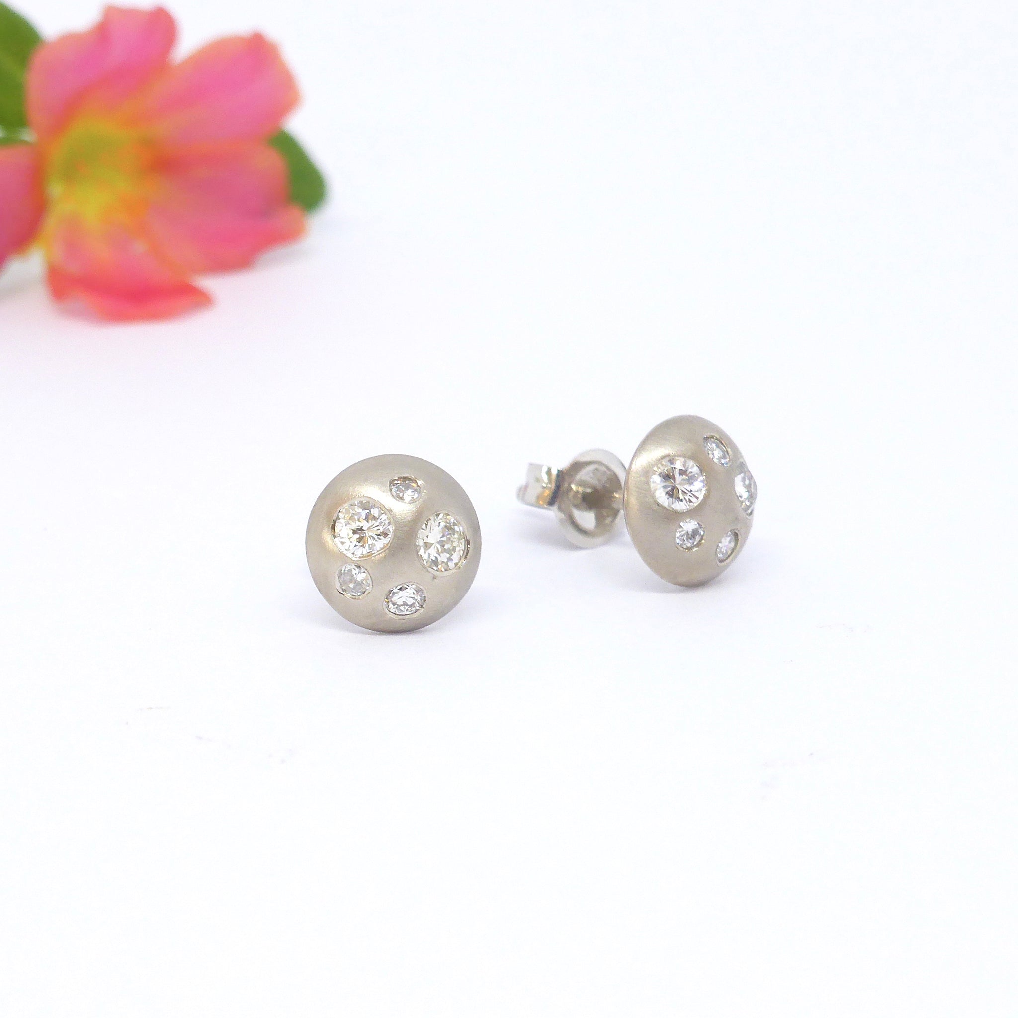 White gold and diamond stud earrings designed by Louise Shaw Jewellery in Byron Bay