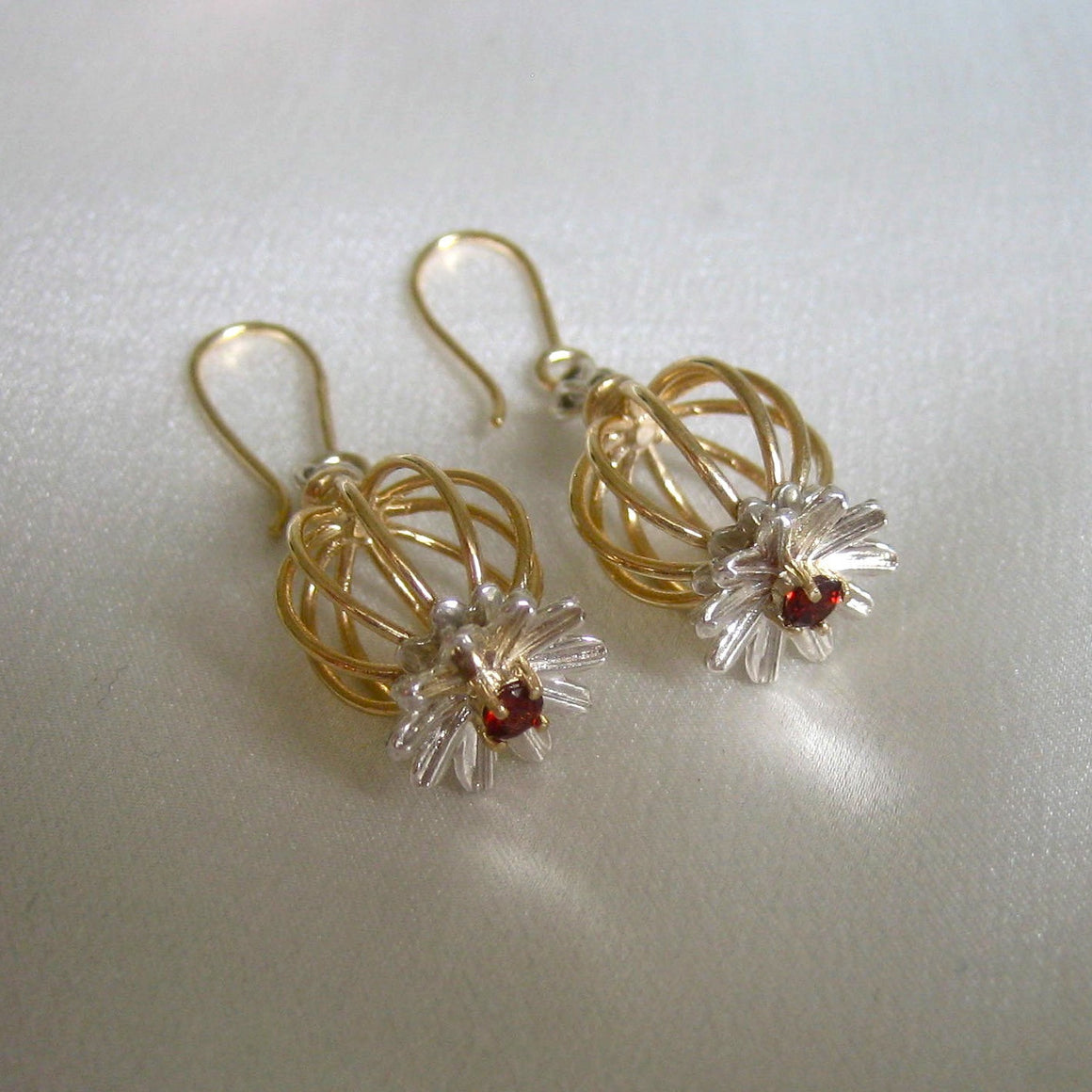 Earrings - Gold And Silver Poppy Earrings With Garnets