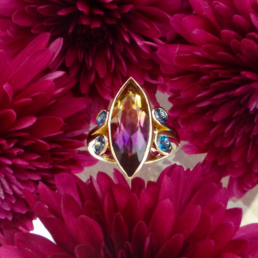 Rings - Ametrine And Blue Topaz Set In 18ct Carat Yellow Gold.