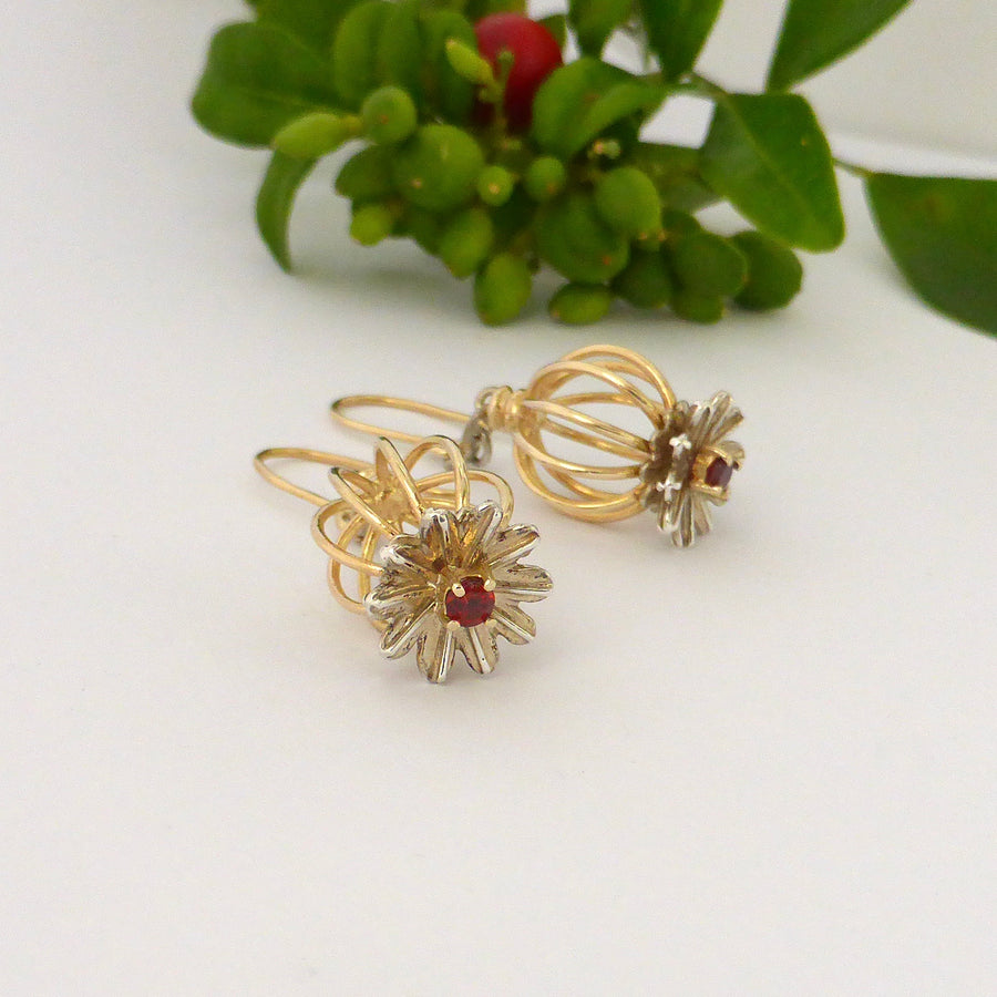 Earrings - Gold And Silver Poppy Earrings With Garnets