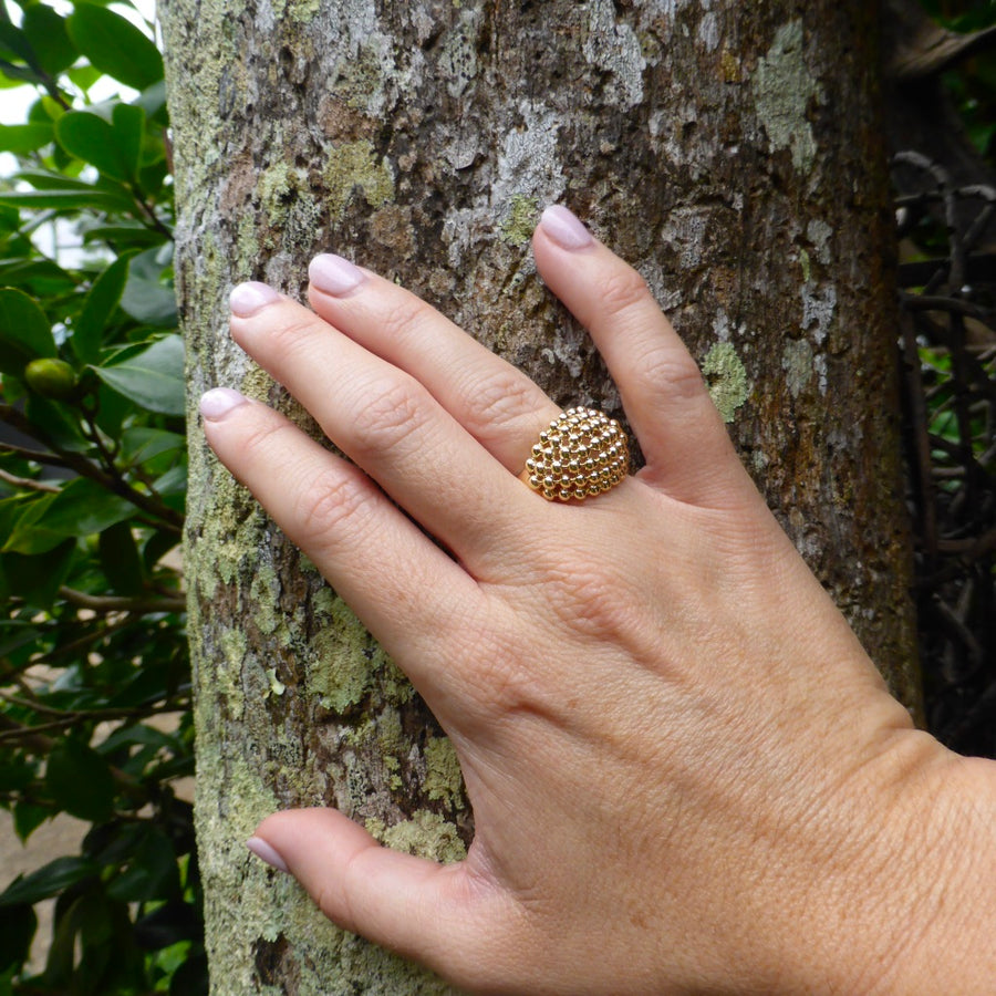 Yellow gold Bubble design wedding ring, designed and handcrafted by Louise Shaw Jewellery in Byron Bay